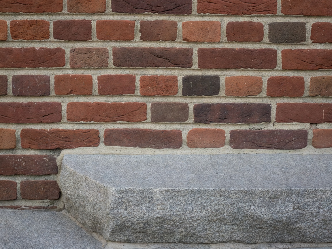 Close architectural detail of a brick wall meeting a stone entrance threshold