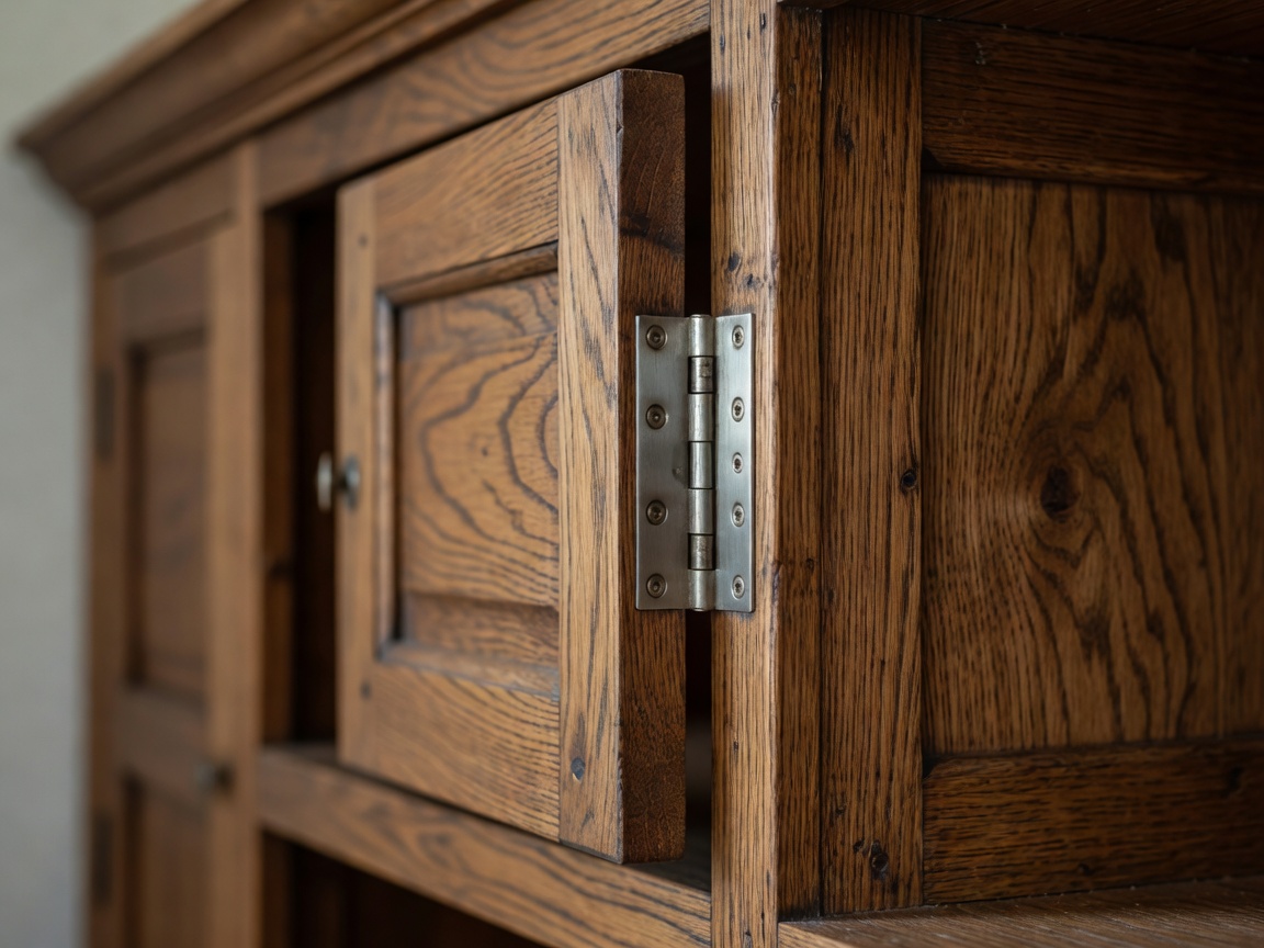 Shallow-focus close-up of a timber cupboard door and an accessible metal hinge