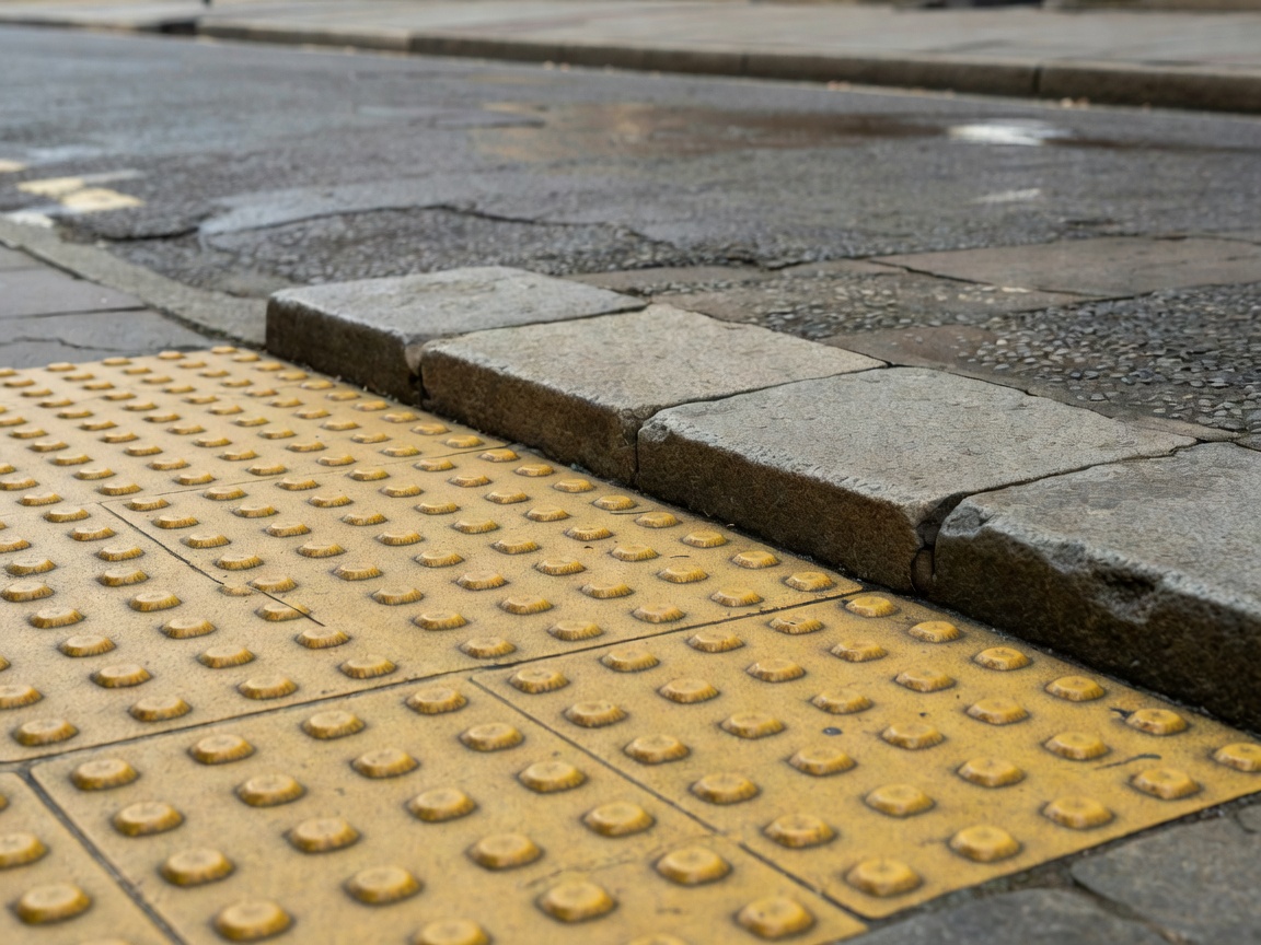 Shallow-focus close-up of tactile paving meeting a lowered stone kerb at a crossing