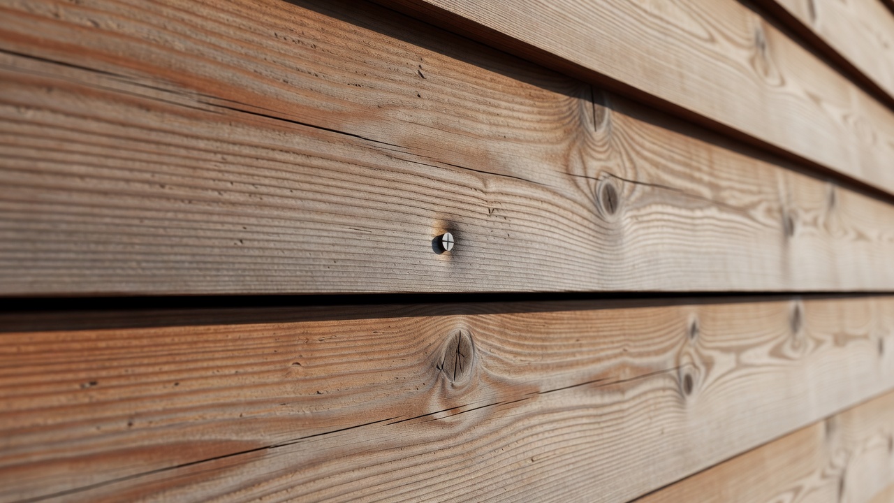 Close-up of timber rainscreen boards with a visible fixing and narrow ventilation gap